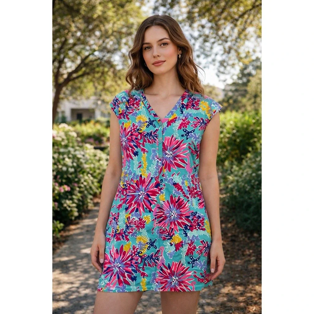 Lilly Pulitzer XL Floral Sea Print Sleeveless Button Front Knit Shift Dress - Picture 1 of 10